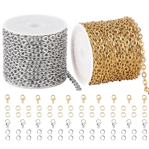 SMYHTGLIF 2 Rolls Total 32.8 Feet Gold and Silver Chain for Jewelry Making | Stainless Steel Cable Jewelry Chain Roll Oval Link Bulk Chain Craft Jewelry Making Chains - size: 5.1×4mm