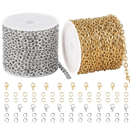 SMYHTGLIF 2 Rolls Total 32.8 Feet Gold and Silver Chain for Jewelry Making | Stainless Steel Cable Jewelry Chain Roll Oval Link Bulk Chain Craft Jewelry Making Chains - size: 5.1×4mm