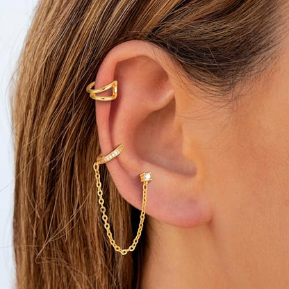 Ear Cuff Earrings for Women Non Piercing - 18K Really Gold Plated Cuff Earrings Trendy Cubic Zirconia Huggie Hoop Cartilage Earring Jewelry Gifts Gold Earring fpr Women Girls - color: 03-Chain-Earrings Cuff