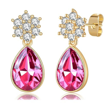 Elegant Austrian Crystal Teardrop Dangle Earrings for Women,14K Gold Plated Flower Drop Earrings Jewelry Gift for Birthday Wedding Anniversary - color: Rose Pink