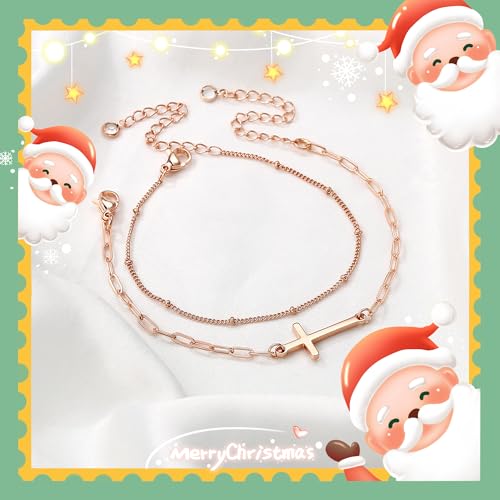 Dainty Gold Bracelets for Women, 14K Gold Plated Adjustable Layered Beads Bracelet Cute Evil Eye Oval Chain Pearl Bar Turtle Gold Bracelets for Women Jewelry - style: Beads Chain&Cross-Rose