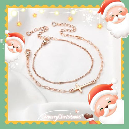 Dainty Gold Bracelets for Women, 14K Gold Plated Adjustable Layered Beads Bracelet Cute Evil Eye Oval Chain Pearl Bar Turtle Gold Bracelets for Women Jewelry - style: Beads Chain&Cross-Rose