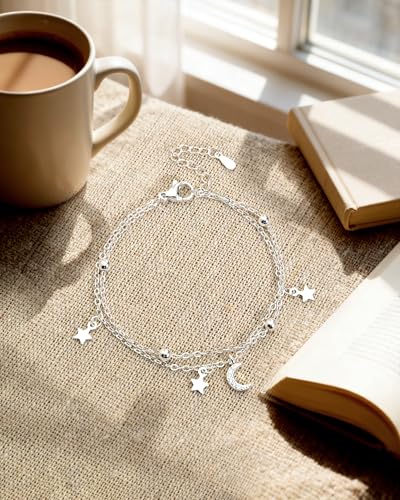 Moon and Star Bracelet for Women Layered Adjustable Satellite Chain Sliver&Gold Star Bracelets Summer Beach Jewelry