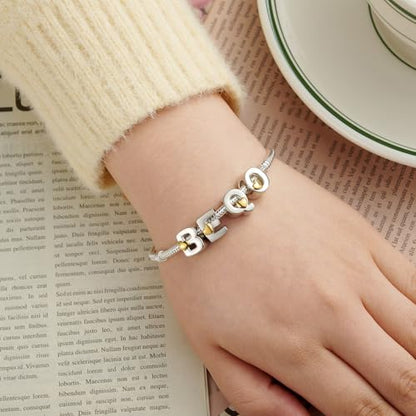 Two-Tone Gold Heart S925 Silver Letter Charm Fits Pandora Bracelet Necklace | Initial Bead Two-Tone Gold Heart, DIY European Bracelet Accessory, Gift for Ladies Birthday Anniversary Valentine - style: E