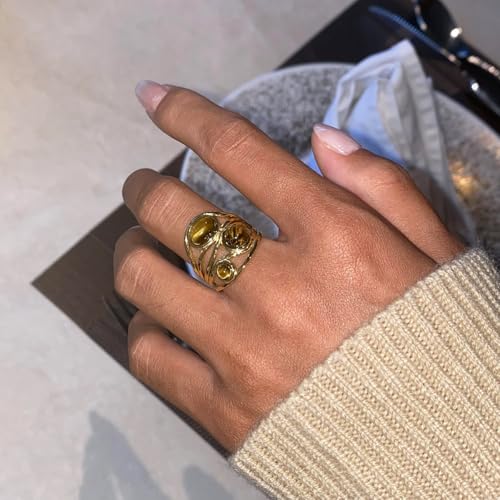Western Captivating Tiger's Eye Stone Ring,Solitaire 8 * 10mm Oval Cut Gemstone 18K Gold Plated Stack 13mm Wide Ribbed Texture Band Statement Ring for Women - style: Tiger's Eye E