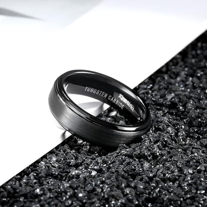 King Will Classic Tungsten Wedding Band for Men, 6/7/8/9/10mm Widths, Polished Finish Step Edge Matte Rings Comfort Fit - color: B-Black 6mm