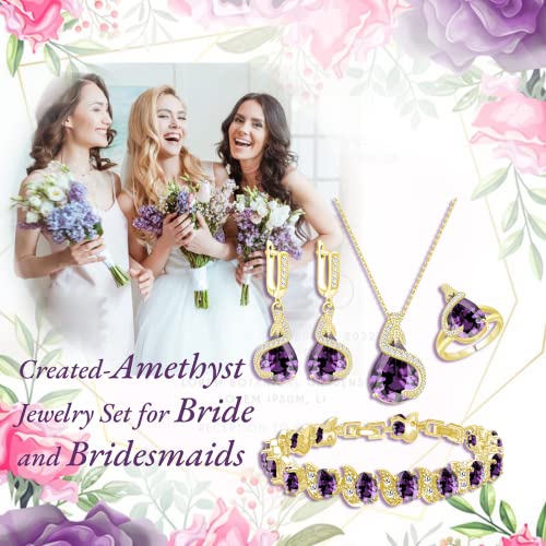 GZWHD Jewelry Set for Women Water Drop Cubic Zirconia Artificial Crystal Earrings Pendant Necklace Open Ring Tennis Bracelet Wedding Anniversary Birthday Engagement Gift for Bridesmaid Wife Girlfriend Friend - color: Gold-Purple