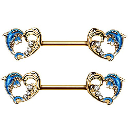 Pierced Owl 14GA Gold Plated Stainless Steel Dolphin Heart Wave Nipple Barbells, Sold as a Pair