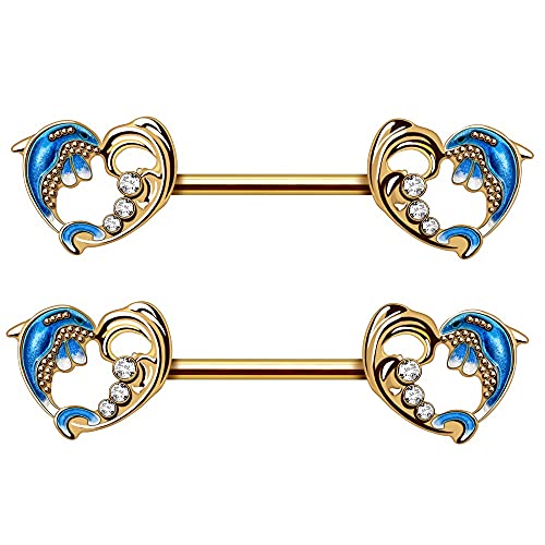 Pierced Owl 14GA Gold Plated Stainless Steel Dolphin Heart Wave Nipple Barbells, Sold as a Pair