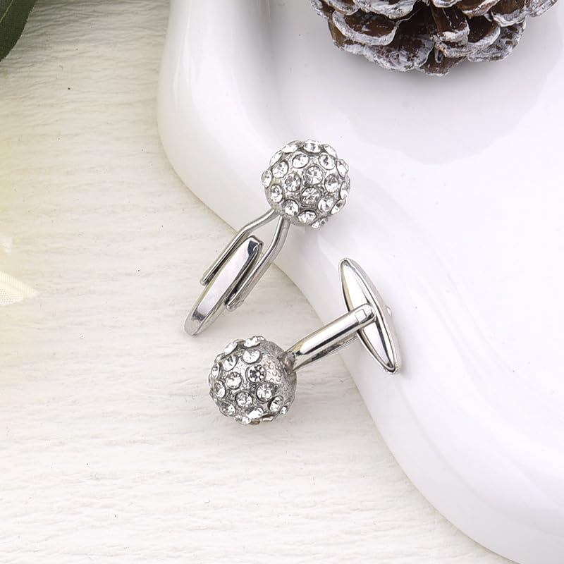Round Rhinestone Cufflinks for Men Tuxedo Shirt Studs Crystal Ball Cufflinks French Cuff Links for Men Wedding Business Prom - color: Silver