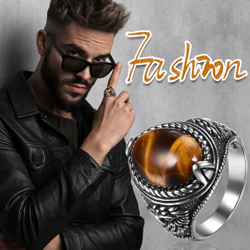 Aroncent Mens Vintage Signet Ring: Tiger Eye Oval Turquoise Black Obsidian Eagle Stainless Steel Ring - Navy Style Biker Jewelry