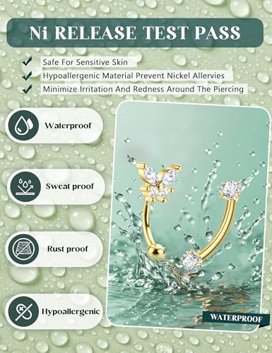 Ubjuliwa 12pcs 16G Rook Piercing Jewelry Eyebrow Rings Stainless Steel Belly Lip Ring Cartilage Hoop Rook Daith Earrings Tragus CZ Body Piercing Curved Barbell