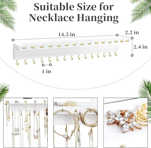 YYILIS Necklace Holder, Upgraded Extra Large Wall Necklace Organizer with 30 Hooks Wall Mounted Necklace Hanger with Jewelry Tray/Cosmetics Shelf Rustic Pine Wood Holder (2 Pack-Double White) - color: 2 Pack-Double White