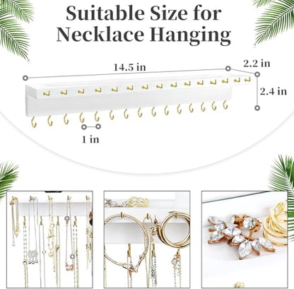 YYILIS Necklace Holder, Upgraded Extra Large Wall Necklace Organizer with 30 Hooks Wall Mounted Necklace Hanger with Jewelry Tray/Cosmetics Shelf Rustic Pine Wood Holder (2 Pack-Double White) - color: 2 Pack-Double White