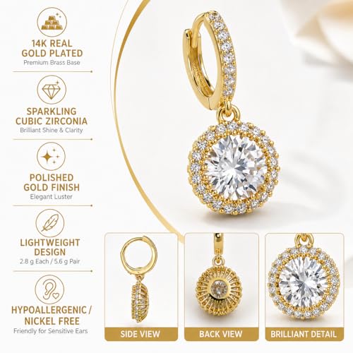14K Gold Plated Hoop Dangle Earrings for Women, Hypoallergenic Colorful Cubic Zirconia Drop Earrings, Lightweight Huggie Earrings for Women - color: Gold/White
