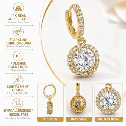 14K Gold Plated Hoop Dangle Earrings for Women, Hypoallergenic Colorful Cubic Zirconia Drop Earrings, Lightweight Huggie Earrings for Women - color: Gold/White