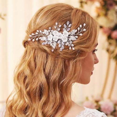 Unicra Flower Bride Wedding Hair Comb Leaf Silver Bridal Headpiece Pearl Hair Accessories Crystal Hair Piece Jewelry for Women (A Silver) - color: A Silver
