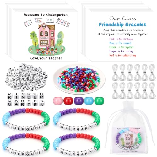 Tondiamo 24 Sets Kinder Back to School Gifts Friendship Bracelet Making Kit for Students Include Our Class is a Family Greeting Cards Beads Strings Bags DIY Kit for First Day of School Classroom - style: Kinder