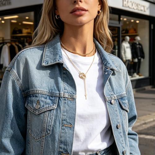 Gold Layered Necklace for Women Chunky Stacked Chain Link Paperclip Evil Eye Necklace Trendy Punk Jewelry - color: W-GoldC