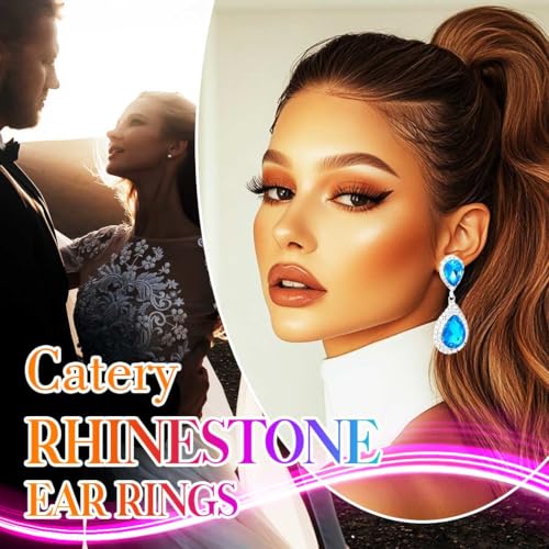 Catery Crystal Wedding Earrings Silver Rhinestone Ear Rings Teardrop Bridal Ear Jewelry for Brides and Women - color: Aquamarine