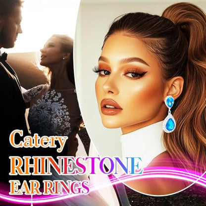 Catery Crystal Wedding Earrings Silver Rhinestone Ear Rings Teardrop Bridal Ear Jewelry for Brides and Women - color: Aquamarine
