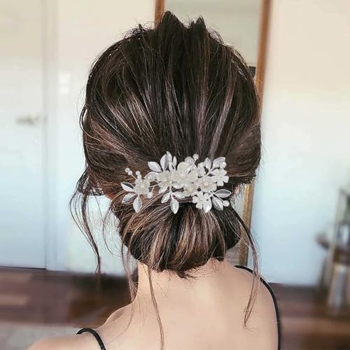 Wedding Hair Clips, Crystal Hair Pins Pearl Rhinestone Hair Barrettes, Bridal Flower Hair Pieces Pearl Headpieces Hair Accessories for Women Girls (Silver) - color: Silver