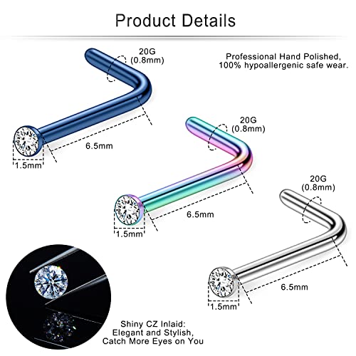 Cisyozi 18G 20G 22G Nose Rings and Studs - 316L Surgical Steel Hypoallergenic Piercing Jewelry for Women Men - L Shaped Straight Nostril Screw - Diamond CZ 1.5mm 2mm 2.5mm 3mm 12Pcs - style: L Shaped-20G-CZ 1.5mm