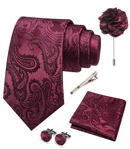 JEMYGINS Mens Paisley Tie and Pocket Square,Lapel Pin,Cufflinks,Tie Clip Sets with Gift Box 5PCS - color: Maroon