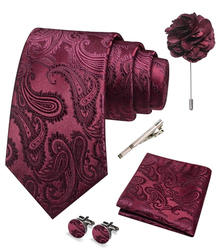JEMYGINS Mens Paisley Tie and Pocket Square,Lapel Pin,Cufflinks,Tie Clip Sets with Gift Box 5PCS - color: Maroon