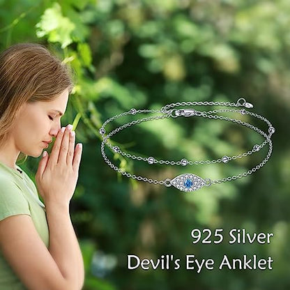 925 Sterling Silver Cat Butterfly Anklets Double Layered Chain for Birthday Women Ankle Bracelet Summer Beach Dainty Jewelry - style: E-Evil Eye Anklet A
