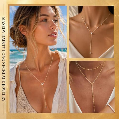 Long Gold Necklace for Women Dainty Layered Lariat Necklace | 14k Gold Plated Clover Teardrop CZ Y Shaped Drop Necklaces Cute Long Necklace for Women Trendy Prom Formal Womens Jewelry - color: Leaf CZ y necklace