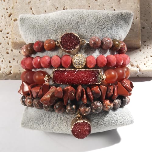 Yomisa 5PCS 6PCS Natural Boho Beaded Bracelets/Bangle for Women Men,Healing Turquoise Jasper Agate Crystal Gemstone Stone Chakra Multilayer Wrap Bohemian Handmade Jewelry Beads Stretch Bracelet Set - color: 5PCS-Red