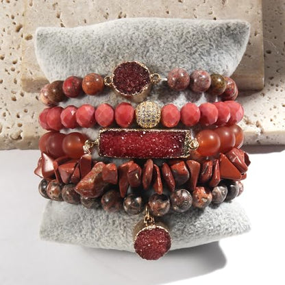 Yomisa 5PCS 6PCS Natural Boho Beaded Bracelets/Bangle for Women Men,Healing Turquoise Jasper Agate Crystal Gemstone Stone Chakra Multilayer Wrap Bohemian Handmade Jewelry Beads Stretch Bracelet Set - color: 5PCS-Red