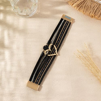 Rantanto Leather Wrap Bracelets For Women Gold Twist Lock Buckle Wrist Cuff | PU leather,Skin-friendly,Boho Stackable Wristband,Fashion Daily Jewelry,Trend Casual Party Bangle,Fit For Birthday, Holiday - color: Heart Black