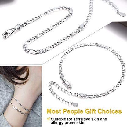 ChainsHouse Stainless Steel Herringbone Flat Chain Bracelets for Women,18K Gold/Rose Gold/Black Metal Paperclip/Snake/Cuban/Figaro Sterling Silver Link Charm Bracelet, 16+5cm Adjustable, With Gift Box - color: c. figaro-sterling silver