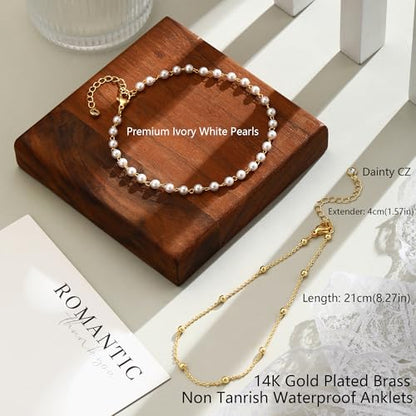 Gold Ankle Bracelets for Women, Dainty 14K Gold Plated Anklets for Women Waterproof Cuban Link Chain Pearl Anklet Set Trendy Layered Stackable Ankle Bracelet Non Tarnish Jewelry for Her - color: A0194