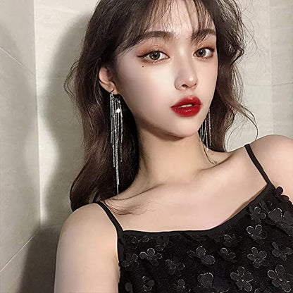 Chic Charm 14k Gold Silver Plated Big Chandelier Tassel Long Chain Geometry Huggie Hoop Dangle Drop Earrings for Women Statement Jewelry Gifts - color: Silver