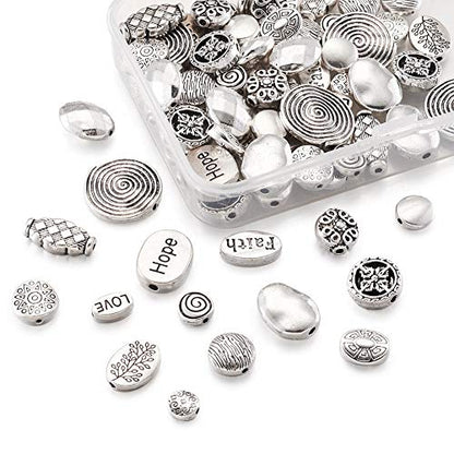Craftdady 80Pcs Antique Silver Flat Round Oval Spacer Beads Tibetan Metal Barrel Drop Rondelle Loose Beads for Jewelry Crafts Making - color: Antique Silver, Flat Round+Oval,80pcs