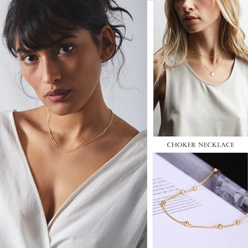 Aobei Pearl 18K Gold Plated Paperclip Chain Choker Satellite Chain Freshwater Cultured Biwa Pearl Pendant Necklace Dainty Turquoise Jewelry for Women - color: Dainty 18K Gold Plated Bead Station Chain