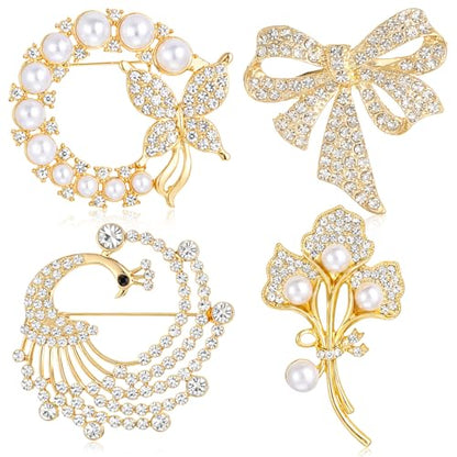 4pcs Brooches and Pins for Women, Flower Brooch, Crystal Pearl Brooch, for Women Fashion Accessories - style: Peacock