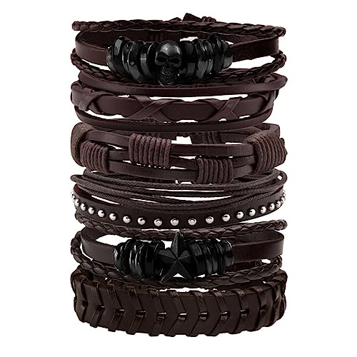 MILAKOO 6Pcs Punk Leather Bracelets for Women Men Braided PU Wristband Skull Skeleton Accessories - color: F: Brown