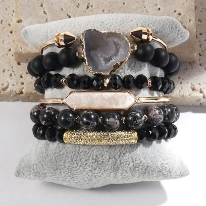 Yomisa 5PCS 6PCS Natural Boho Beaded Bracelets/Bangle for Women Men,Healing Turquoise Jasper Agate Crystal Gemstone Stone Chakra Multilayer Wrap Bohemian Handmade Jewelry Beads Stretch Bracelet Set - color: 6PCS-Black