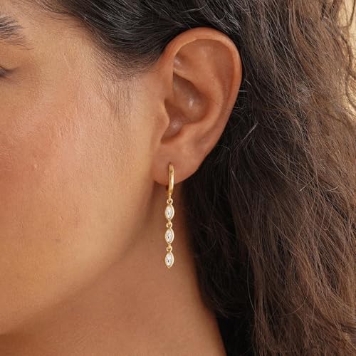 Dangle Earrings for Women Trendy, 14K Gold Plated CZ Huggie Drop Earrings, Dainty Long Chain Prom Wedding Jewelry Gift for Her - style: Marquise CZ