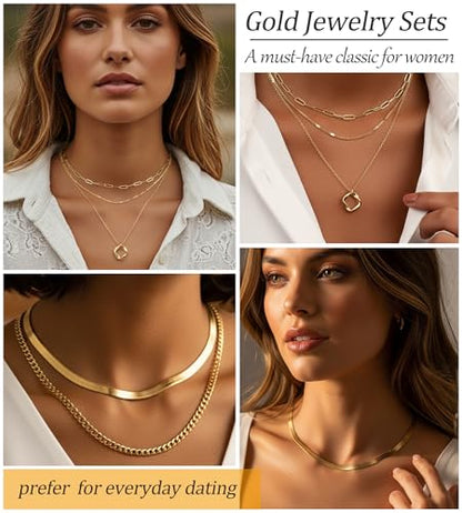 YEEZII 56 Pcs Gold Jewelry Set for Women with 5Pcs Layered Necklace, 5Pcs Layered Necklace, 12 Bracelets, 4 Hoop Earrings, 8 Stackable Rings, 10 hairpins, 12 Studs Earrings Jewerly set for Women - color: Gold-A