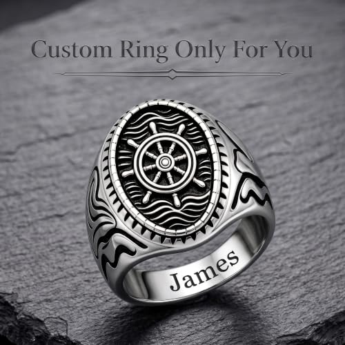 Dacc & Aya Custom Engraved Vintage Signet Ring 925 Sterling Silver Black Oxidized Personalized Statement Jewelry for Men - style: C-Rudder