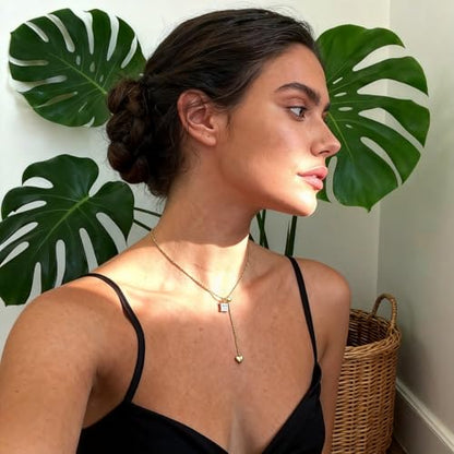 Lariat Necklaces for Women, Dainty Minimalist Knotted Rope Design Pendant Long Y Necklaces 18k Gold Plated Trendy Chain Jewelry - color: Gold, style: Square CZ and Heart
