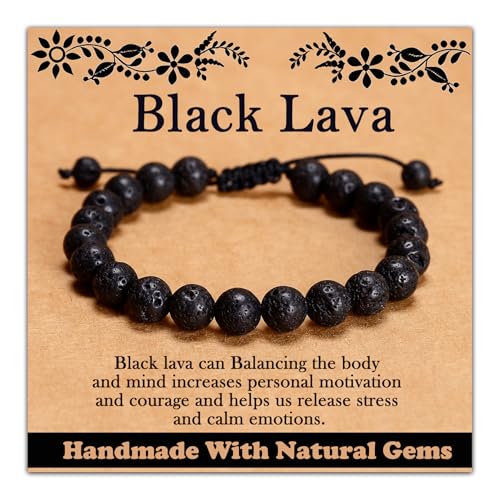 468Handmade Adjustable Natural Gemstone Crystal Bracelet Healing Power Energy Inspirational Gifts with Card for Unisex - color: 06-Black Lava(Solidify Belief), size: 8mm