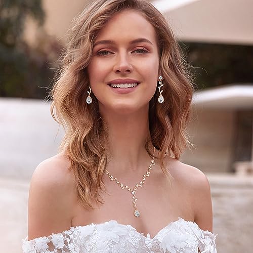 Crysdue Women's Wedding Bridal Jewelry Set for Brides Bridesmaids Cubic Zirconia Flower Leaf Vine Necklace Dangle Earrings for Prom Party - style: 5-gold