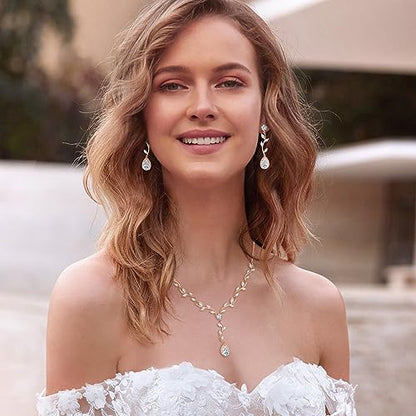 Crysdue Women's Wedding Bridal Jewelry Set for Brides Bridesmaids Cubic Zirconia Flower Leaf Vine Necklace Dangle Earrings for Prom Party - style: 5-gold