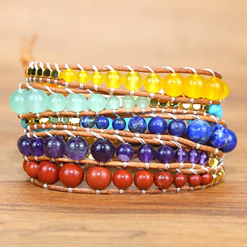 Boho Wrap Bead Bracelet for Women - Handmade Adjustable Natural Stone Beaded Bracelets Yoga Healing Bracelet Bangle Hippie Jewelry - color: Chakras
